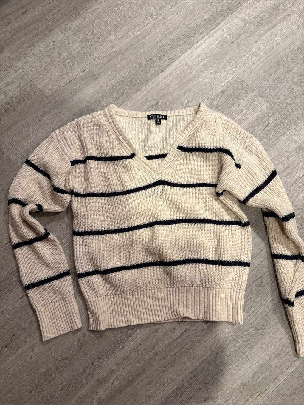 Steve Madden Cream Sweater with Black Stripes V-Neck